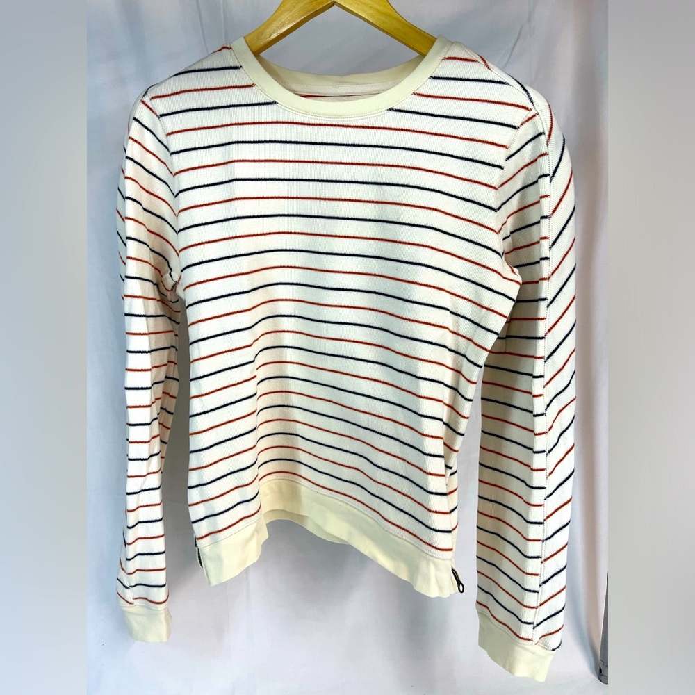 Billy Reid 100% Cotton Crew Neck Striped Sweater, Small, zip sides, navy/orange